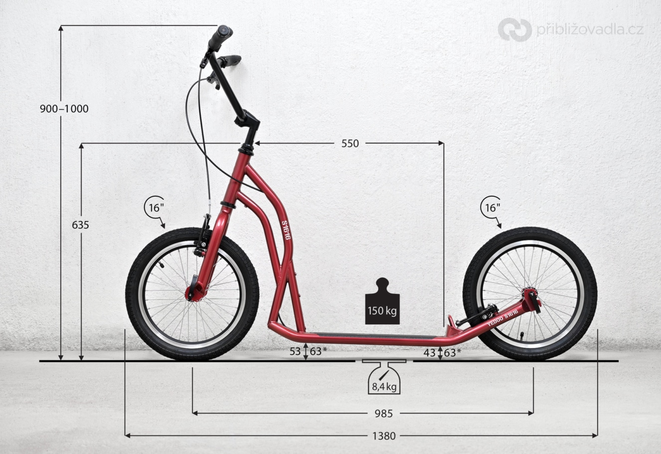 Yedoo S1616 – rozměry a hmotnost (* – spodní poloha dvojitých zadních patek)